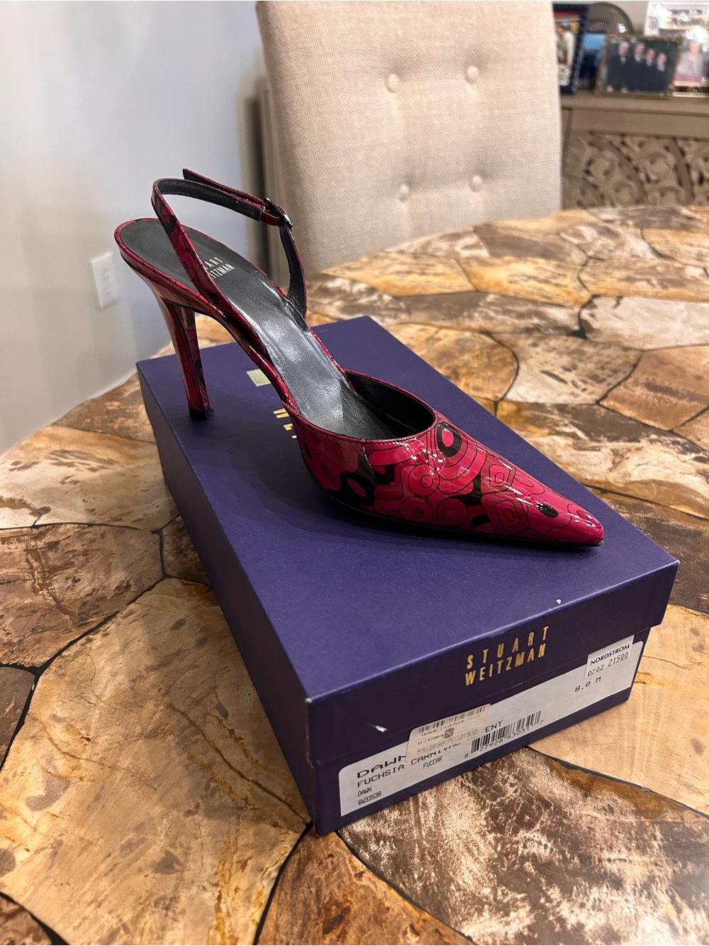 Stuart Weitzman Fuchsia Patterned Pointed-Toe Slingback Heel